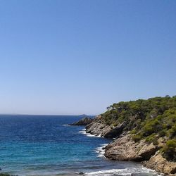 Scenic view of sea with rocks in background