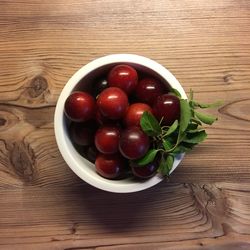 High angle view of strawberries in bowl on table