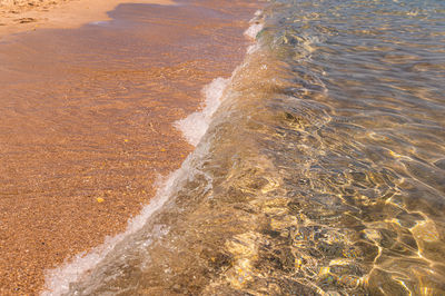 High angle view of waves splashing on beach