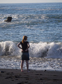 Rear view of woman standing on shore at beach