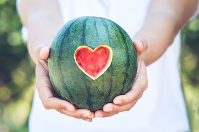 Close-up of hand holding heart shape fruit