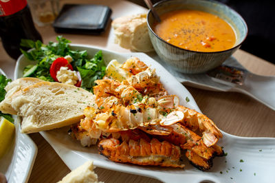 High angle view of food served on table