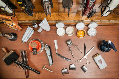 High angle view of tools on table