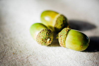 Close-up of acorns on table