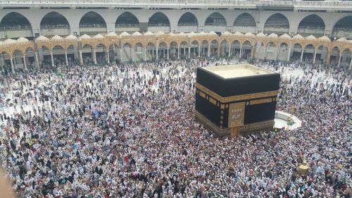 High angle view of people in front of building