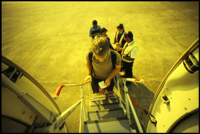 High angle view of people on staircase