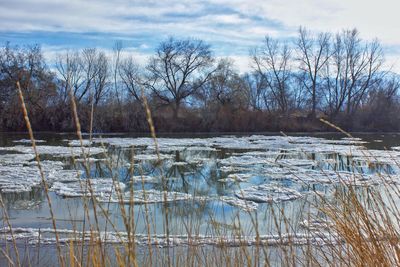 Scenic view of lake against sky during winter