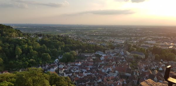 High angle view of townscape against sky during sunset