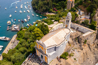 High angle view of buildings in city