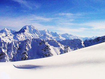 Scenic view of snowcapped mountains against sky