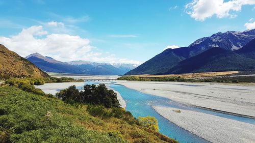 Scenic view of river and mountains on sunny day