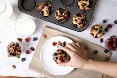 High angle view of breakfast served on table