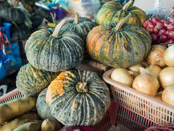 High angle view of pumpkins for sale at market stall