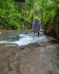Rear view of man in river flowing in forest