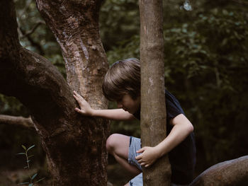 Boy climbing on tree in forest