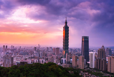 High angle view of buildings against cloudy sky during sunset