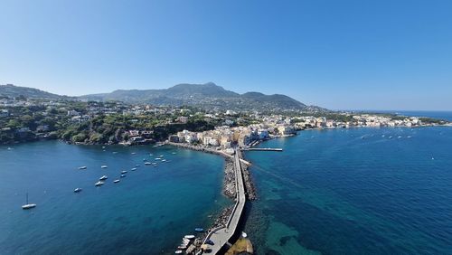 High angle view of sea against clear blue sky