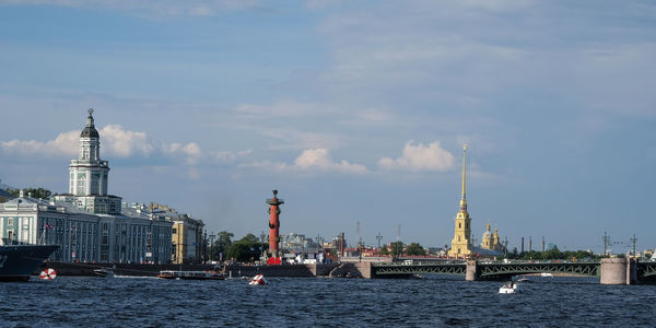 City at waterfront against sky