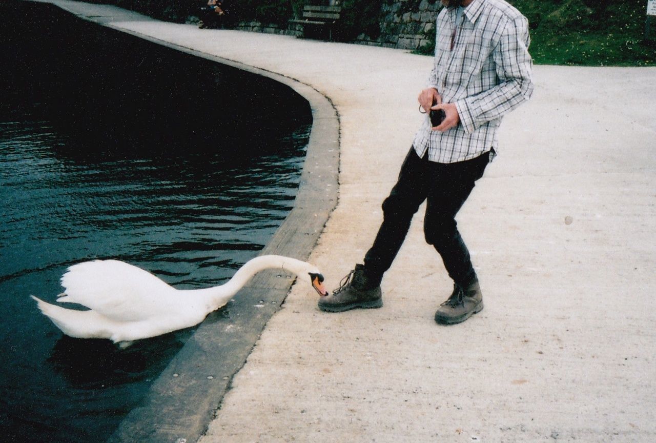 FULL LENGTH OF MAN CARRYING BIRDS AT WATER