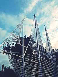 Low angle view of crane against sky