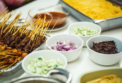 High angle view of food served on table