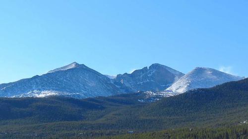 Scenic view of snowcapped mountains against clear sky