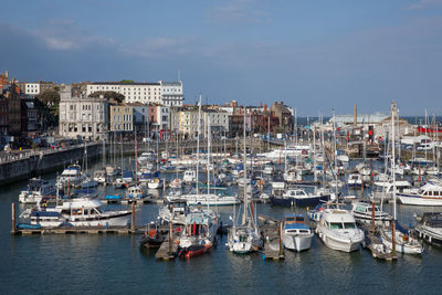 High angle view of boats at harbor