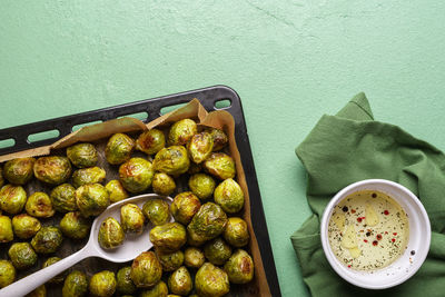 High angle view of fruits in container on table