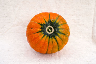 Close-up of pumpkin against orange wall during autumn