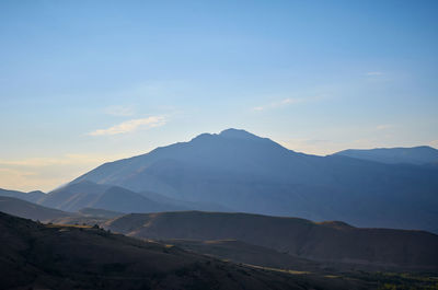 Scenic view of mountains against sky during sunset