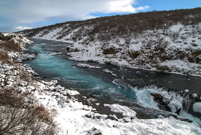 Scenic view of river against sky during winter