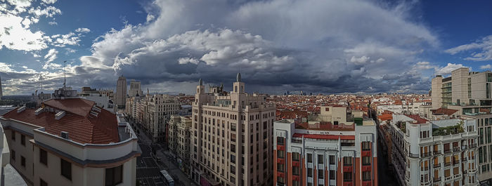 High angle view of modern buildings in city against sky
