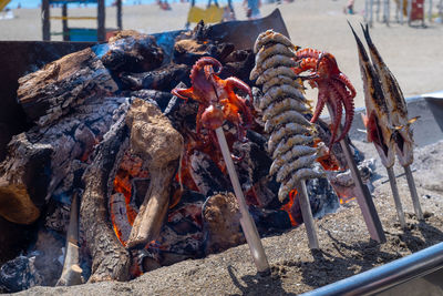 Close-up of bonfire on barbecue grill