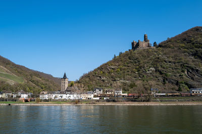 Scenic view of river by building against clear blue sky