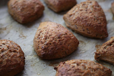 Close-up of baked food in tray