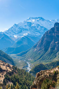 Scenic view of mountains against blue sky