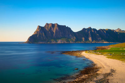 Scenic view of sea against clear blue sky