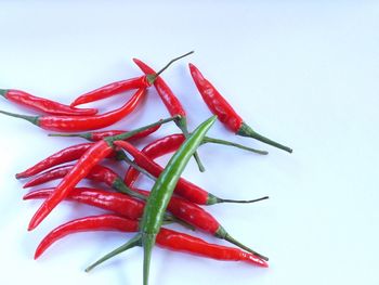 Close-up of red chili peppers against white background