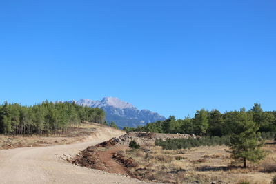 Scenic view of landscape against clear blue sky