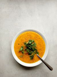 High angle view of soup in bowl