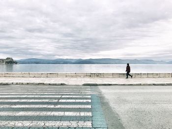 Rear view of man on sea against sky