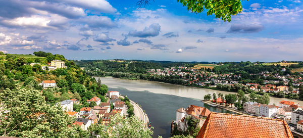 High angle view of townscape against sky