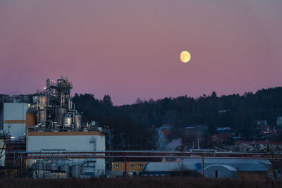 High angle view of factory against sky at sunset