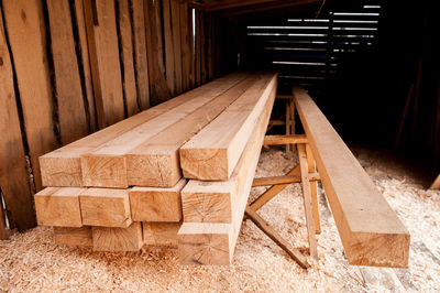 High angle view of wooden staircase at home