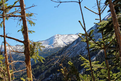 Low angle view of snowcapped mountains against clear sky