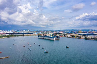 Shipyard station on the sea and factory zone with blue sky background in thailand aerial view