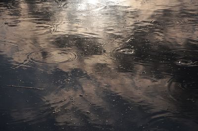 High angle view of raindrops on lake