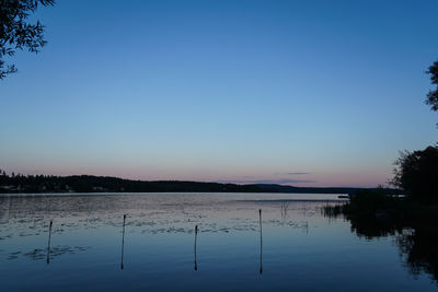 Scenic view of lake against clear blue sky