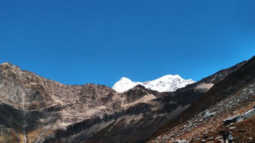 Scenic view of mountains against clear blue sky