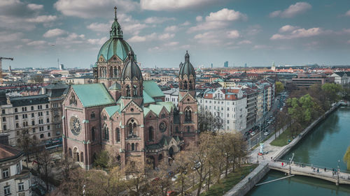 Aerial view of st. lukas church and in the background munich cit